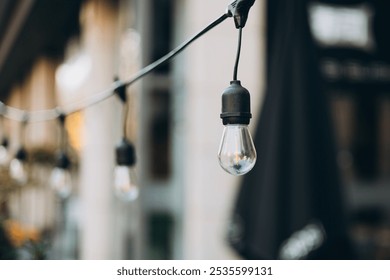 Hanging Outdoor String lights. Decorative Outdoor Street electric garland. Old light bulbs. Lamp hang in the yard. Terrace concept. Festoon string lights decoration at the party - Powered by Shutterstock