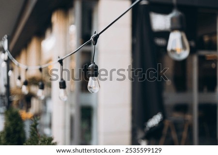 Hanging Outdoor String lights. Decorative Outdoor Street electric garland. Old light bulbs. Lamp hang in the yard. Terrace concept. Festoon string lights decoration at the party