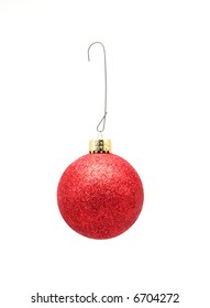 A  Hanging Red Christmas Ornament With Wire Hook.