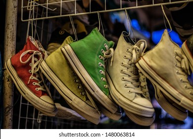 Hanging Shoes At A Thrift Store. 