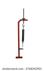 A hanging spring balance, or dynamometer, is mounted on a steel frame for specialized applications, isolated on white background.  used specifically to measure the force and weight of objects.