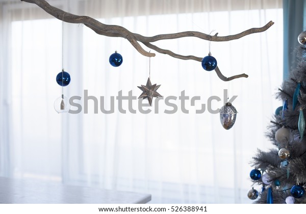 Hanging Tree Branch Blue Silver Baubles Stock Photo Edit Now