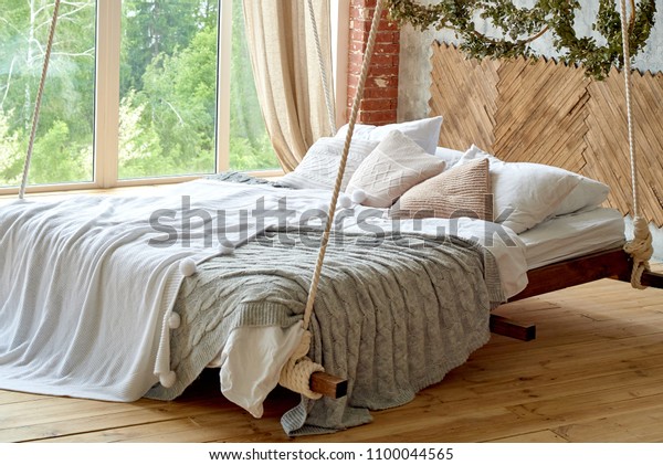 Hanging Wooden Bed Suspended Ceiling Pillows Interiors Stock Image