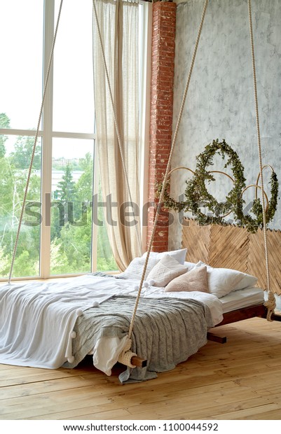 Hanging Wooden Bed Suspended Ceiling Pillows Stock Photo Edit Now