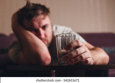 Hangover Depressed Man After Hard Drinking. 