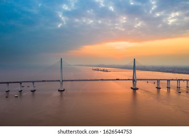 Hangzhou Bay Bridge Under Sunset In China