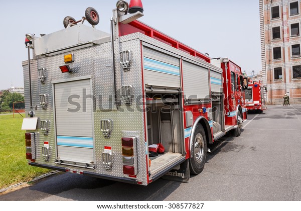 Hangzhou,\
China - on May 25, 2015: China\'s fire engines close shot  Fire\
engines is the guarantee of urban fire\
rescue