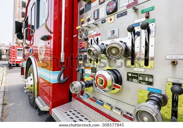 Hangzhou, China - on May 25, 2015: China\'s fire\
engines equipment close shot high performance Fire engines is the\
guarantee of urban fire\
rescue