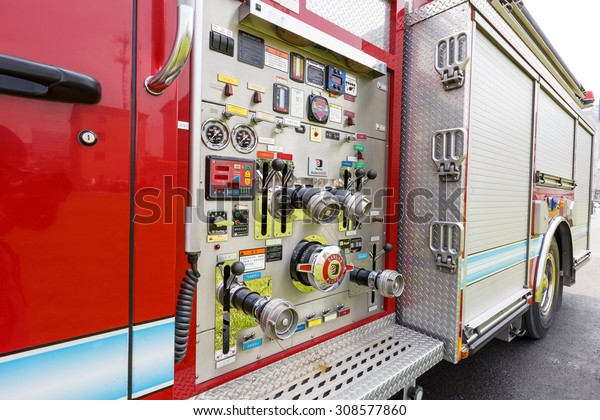 Hangzhou, China - on May 25, 2015: China\'s fire\
engines equipment close shot high performance Fire engines is the\
guarantee of urban fire\
rescue