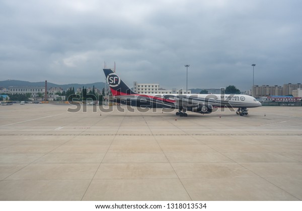hangzhou china,07 06,2018shun feng\
express airplane in hangzhou xiaoshan international airport\
