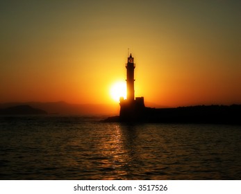 Hania Lighthouse in Crete during sunset