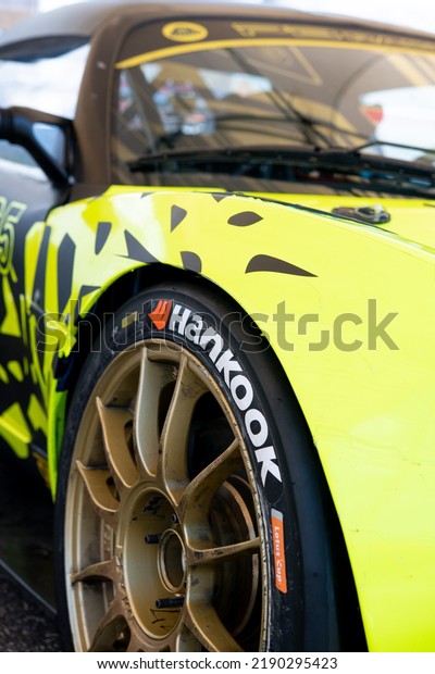 Hankook motor sport tire\
logo on racing car close up. Vallelunga, Italy. April 30 2022,\
Racing weekend
