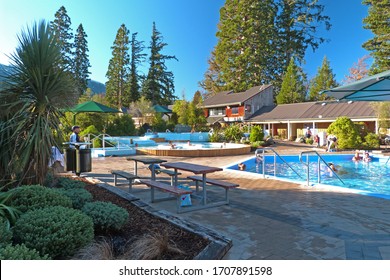 Hanmer Springs, New Zealand - June 4 2013: Thermal Hot Pools In Alpine Village