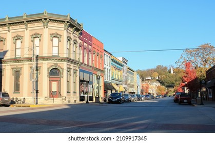 Hannibal, Missouri United States - November 5 2021: colorful buildings downtown on a sunny morning