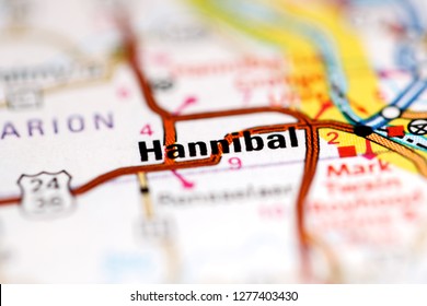 Hannibal. Missouri. USA On A Geography Map