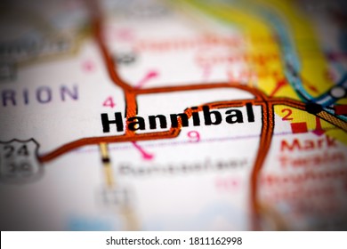 Hannibal. Missouri. USA On A Geography Map