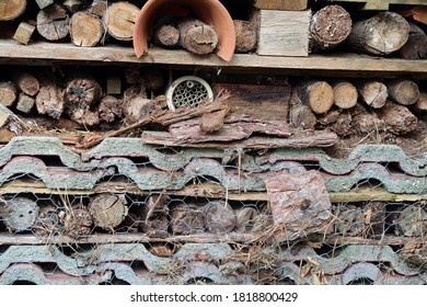 Hanningfield, Essex, United Kingdom, September 11, 2020. Bug / Insect House Or Hotel. Recycled Material. Close Up Abstract Pattern, Texture. Hanningfield, Essex, United Kingdom, September 11, 2020