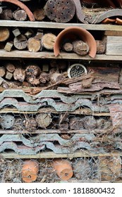 Hanningfield, Essex, United Kingdom, September 11, 2020. Bug / Insect House Or Hotel. Recycled Material. Close Up Abstract Pattern, Texture. Hanningfield, Essex, United Kingdom, September 11, 2020