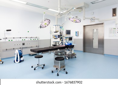 Hannover, Germany, 22.05.2018: Bright empty operating room of the Sophienklinik in Hannover. Lights are on.