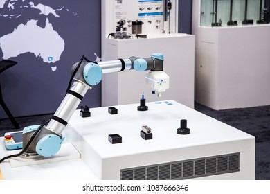 Hannover, Germany - April, 2018: Universal Robots presenting examples show how flexible and individual UR robots can be used for every requirement and application on Messe fair in Hannover, Germany