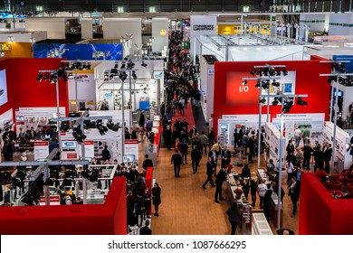 Hannover, Germany - April, 2018: Visitors in exhibition stands and booths on Messe fair in Hannover, Germany