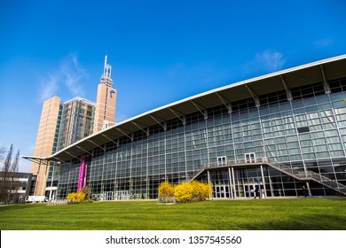 Hannover, Germany - April 2019: The Hannover Messe Fairgrounds Owned By Deutsche Messe During Springtime