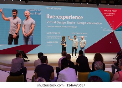 Hannover, Germany - June 13, 2018: Open Talk About Virtual Design Studio On A Stage Of Hall 26 At CeBIT 2018. CeBIT Is The World's Largest Trade Fair For Information Technology.