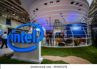 HANNOVER, GERMANY - MARCH 14, 2016: Booth Of Intel Corporation At CeBIT Information Technology Trade Show In Hannover, Germany On March 14, 2016.
