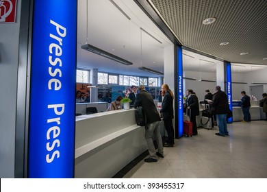 HANNOVER, GERMANY - MARCH 14, 2016: Press Registration Desk At CeBIT Information Technology Trade Show In Hannover, Germany On March 14, 2016.
