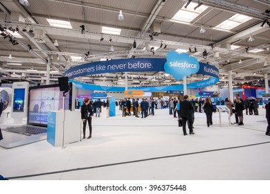 HANNOVER, GERMANY - MARCH 15, 2016: Booth of Salesforce company at CeBIT information technology trade show in Hannover, Germany on March 15, 2016.
