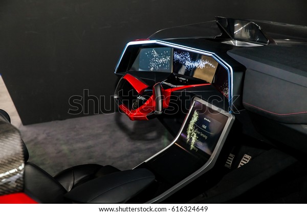 Hannover, Germany - March, 2017: Assisted driving\
concept car by Mitsubishi on exhibition Cebit 2017 in Hannover\
Messe, Germany. System which creates precise 3D street maps for\
safe autonomous\
driving