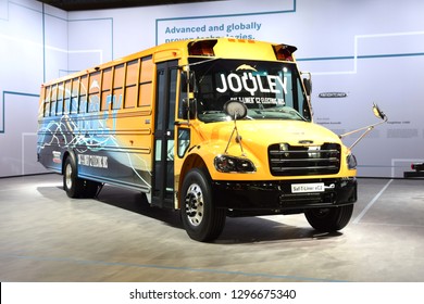 Hannover, Germany - September, 19, 2018: Thomas Saf-T Liner EC2 Jouley Electric School Bus During Presentation On IAA Motor Show.