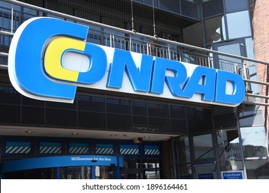 Hannover, Lower Saxony, Germany - April 12, 2020: Logo of Conrad Electronic SE in Hanover, Germany - Conrad is a European retailer of electronic products based in Hirschau, Germany