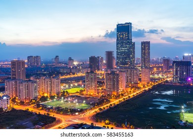 Hanoi City Skyline View By Twilight Period, Pham Hung Street, Cau Giay District