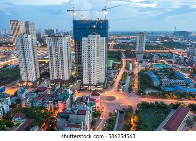 Hanoi City Skyline View By Twilight Period, Pham Hung Street, Cau Giay District