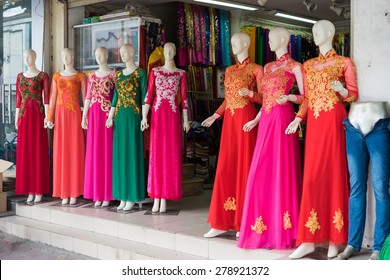 Hanoi, Vietnam - Apr 28, 2015: Vietnamese traditional dress Ao Dai for sale in a shop in Xuan Thuy street