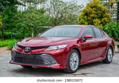 Hanoi, Vietnam - April 4, 2019: Toyota Camry 2019 all new car is on the road in test drive in Vietnam. 