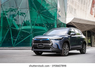 Hanoi, Vietnam - July 29, 2020: All-new Toyota Corolla Cross car with 1.8 litre hybrid engine in a test drive in Vietnam.