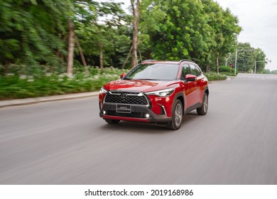 Hanoi, Vietnam - July 29, 2020: Toyota Corolla Cross car is on the road in road-test, Vietnam.