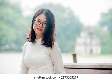 Hanoi, Vietnam -  June 30, 2022: Hanoi Girl In Traditional Ao Dai