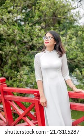 Hanoi, Vietnam -  June 30, 2022: Hanoi Girl In Traditional Ao Dai