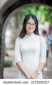 Hanoi, Vietnam -  June 30, 2022: Hanoi Girl In Traditional Ao Dai