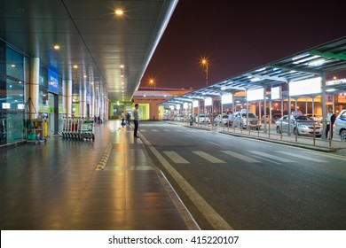 Hanoi, Vietnam - Mar 26, 2016: Night View Of Passenger Pickup Area In T1 International Terminal, Noi Bai International Airport