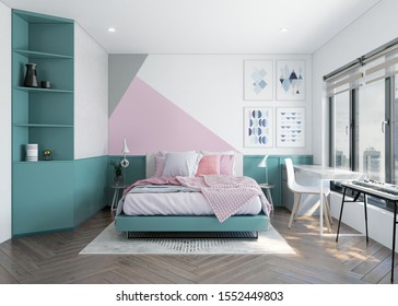 Hanoi / Vietnam - November 2019 : Modern Apartment Interior Bedroom Design For Teenager With Colour Full Headboard Wall And Furniture