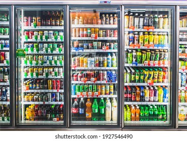 HANOI,VIETNAM - March 1,2021 -Variety Of Soft Drinks,energy Drinks,green Tea And Beer On Freezer Shelves At Convenience Store Supermarket