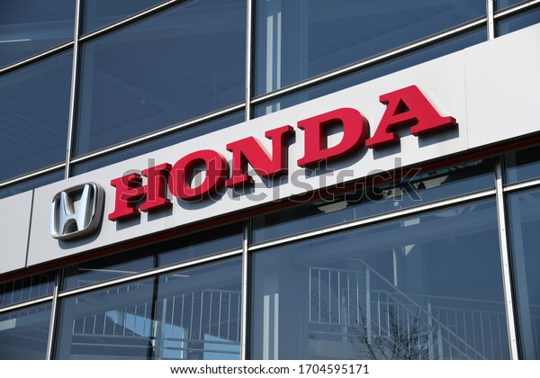 Hanover / Germany - April 12, 2020: Honda logo\
in Hanover Germany - Honda is a Japanese manufacturer of\
automobiles, motorcycles, and power\
equipment