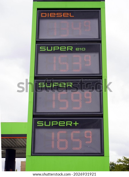 Hanover, Germany August 18, 2021 Current\
gasoline prices at a gas station in Hanover\
