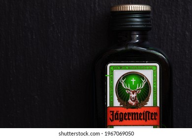 Hanover, Germany -May 3, 2021: Jägermeister Bottle,  German Digestive Drink Made With 56 Herbs And Spices