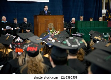 Hanover, Indiana/USA - May 12, 2013: The Spring 2013 Ivy Tech Graduation Ceremony. Students And Families Listen To Senator Joseph Joe Donnelly Giving The Commencement Address.