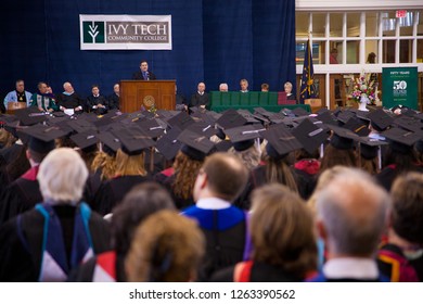 Hanover, Indiana/USA - May 12, 2013: The Spring 2013 Ivy Tech Graduation Ceremony. Students And Families Listen To Senator Joseph Joe Donnelly Giving The Commencement Address.